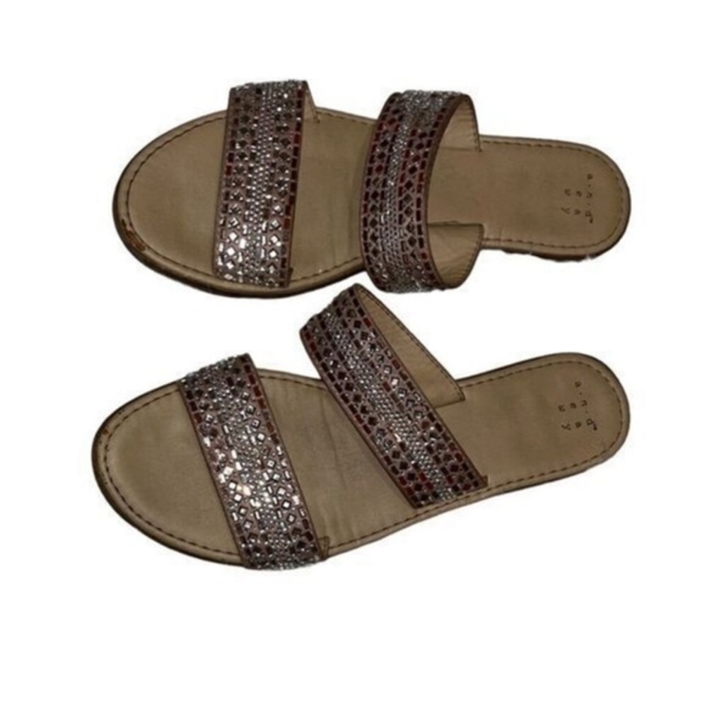 Metallic Bronze Double Strap Sandals with Glitter